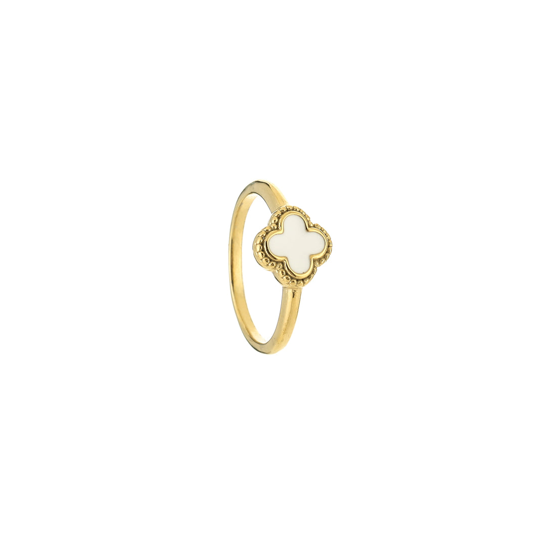White Four-Leaf Clover Ring - Gold