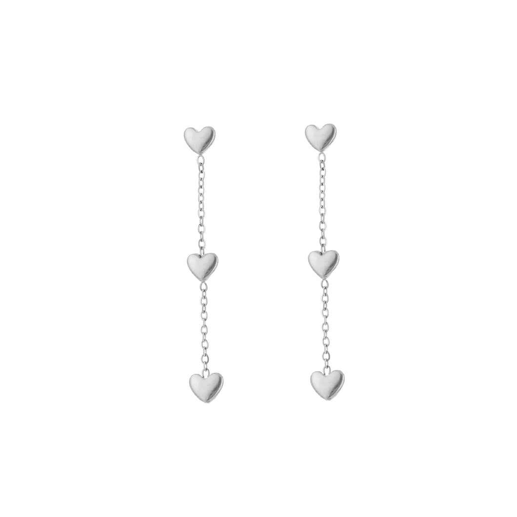 Long Diamond Heart Earrings - Silver
